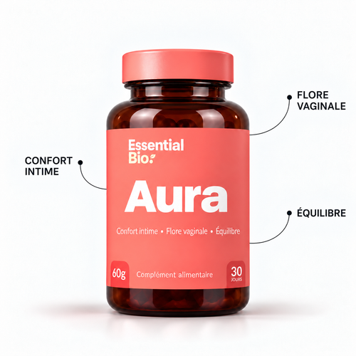 Flacon Aura Essential Bio, complément alimentaire de confort intime, sur fond blanc